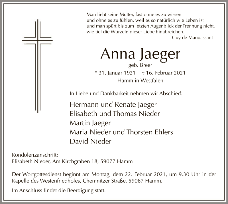  Traueranzeige für Anna Jaeger vom 20.02.2021 aus WA