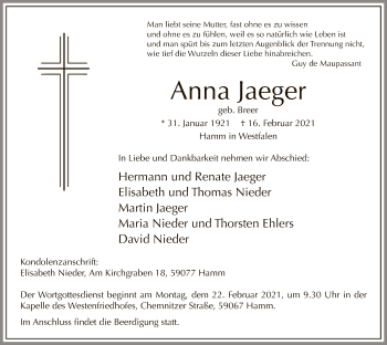 Traueranzeige von Anna Jaeger von WA