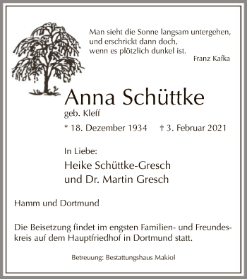 Traueranzeige von Anna Schüttke von WA