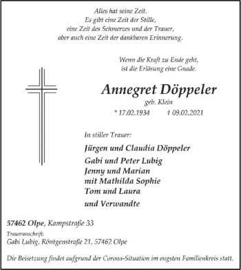 Traueranzeige von Annegret Döppeler von WA