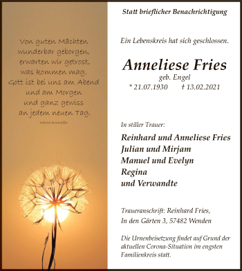 Traueranzeige von Anneliese Fries von WA