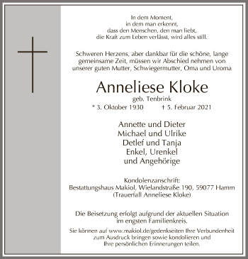 Traueranzeige von Anneliese Kloke von WA