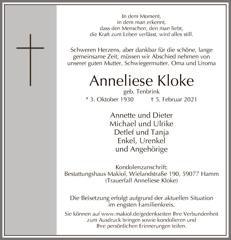  Traueranzeige für Anneliese Kloke vom 10.02.2021 aus WA