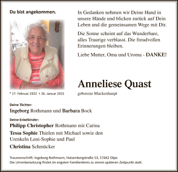 Traueranzeige von Anneliese Quast von WA