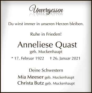 Traueranzeige von Anneliese Quast von WA