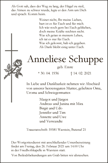 Traueranzeige von Anneliese Schuppe von WA