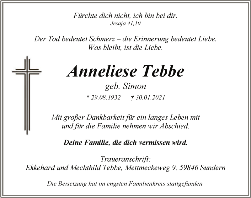  Traueranzeige für Anneliese Tebbe vom 06.02.2021 aus WA