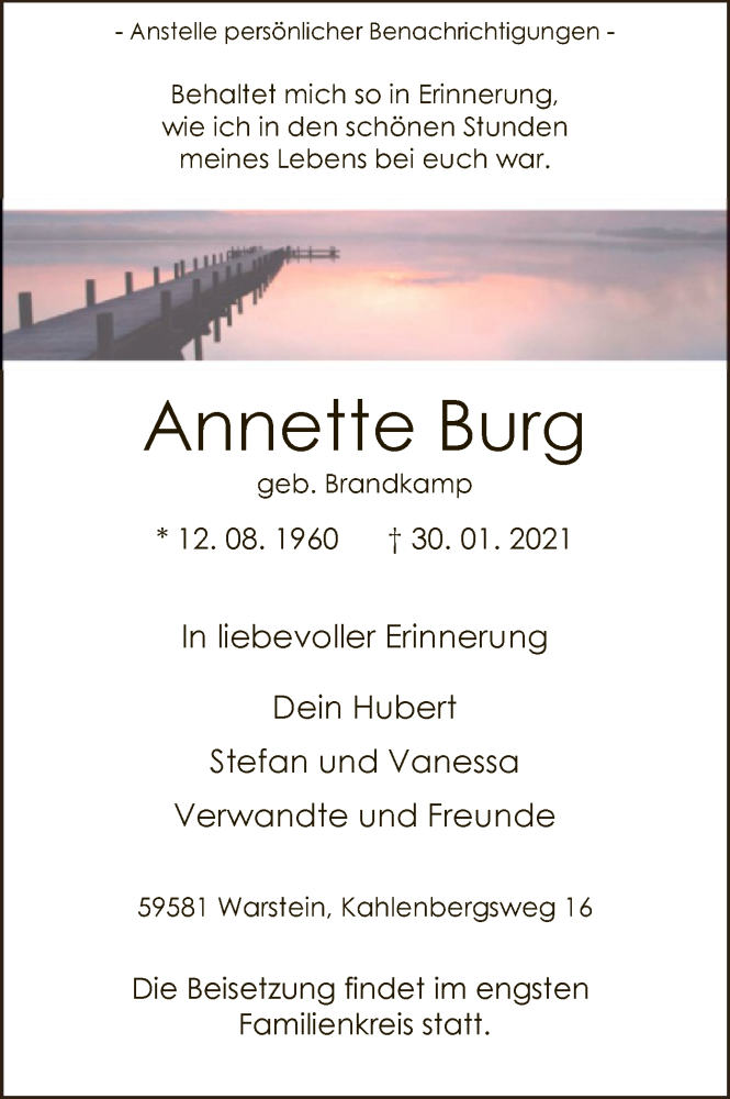  Traueranzeige für Annette Burg vom 02.02.2021 aus WA