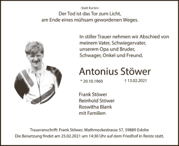 Traueranzeige von Antonius Stöwer von WA