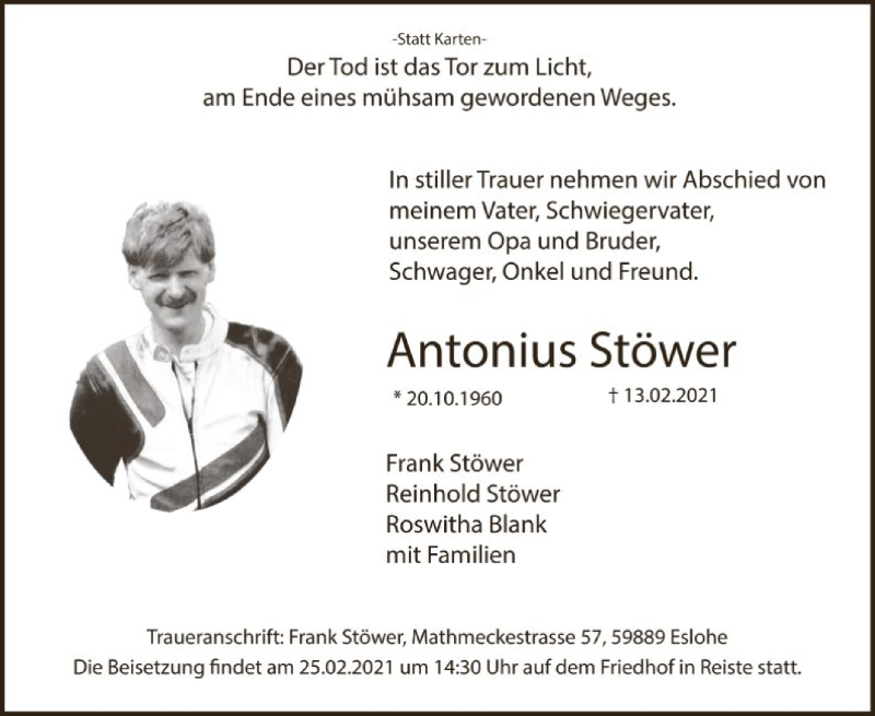  Traueranzeige für Antonius Stöwer vom 20.02.2021 aus WA