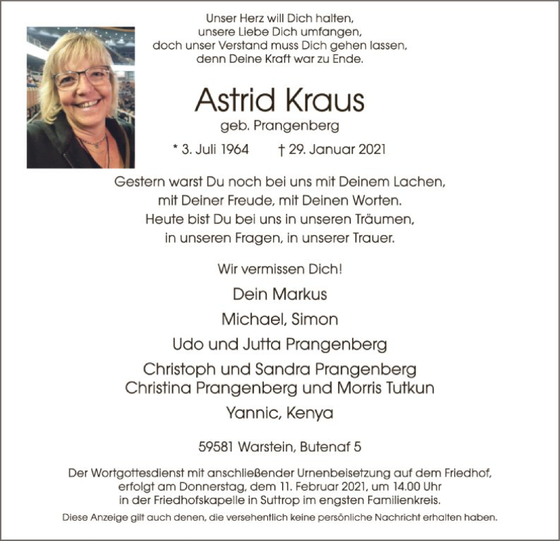  Traueranzeige für Astrid Kraus vom 05.02.2021 aus WA