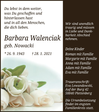 Traueranzeige von Barbara Walenciak von WA