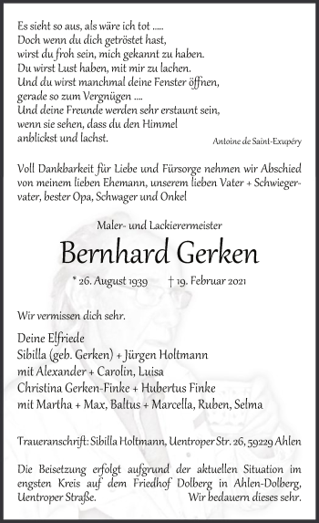 Traueranzeige von Bernhard Gerken von WA