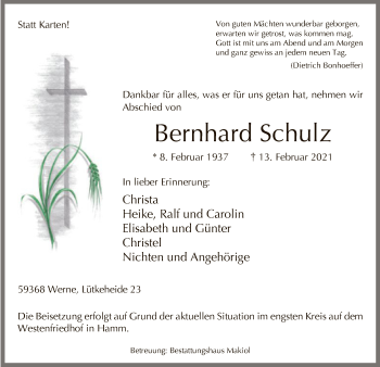 Traueranzeige von Bernhard Schulz von WA