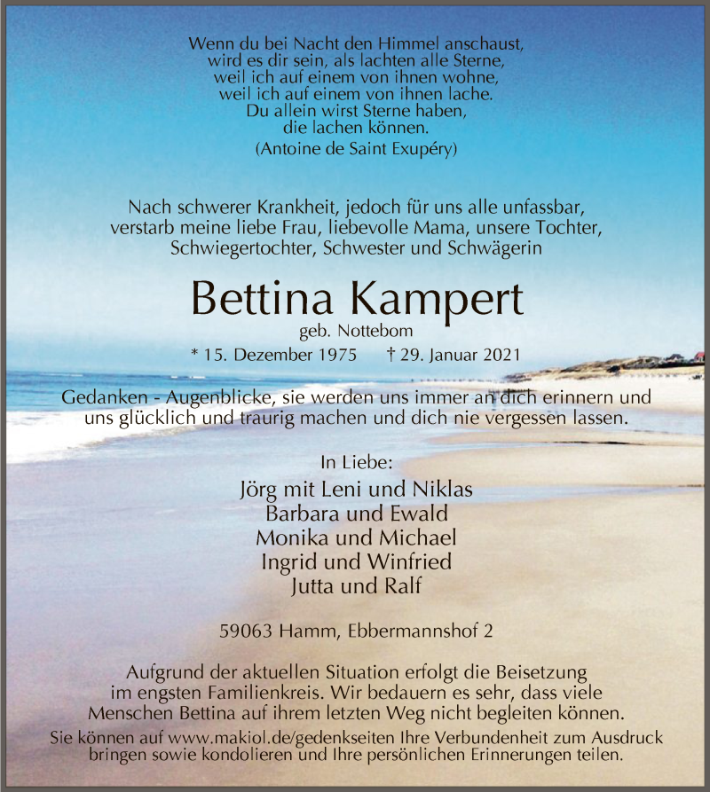  Traueranzeige für Bettina Kampert vom 03.02.2021 aus WA