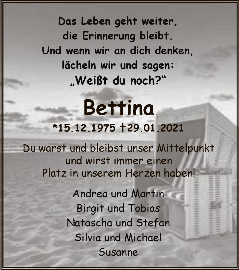  Traueranzeige für Bettina Kampert vom 06.02.2021 aus WA