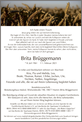 Traueranzeige von Brita Brüggemann von WA