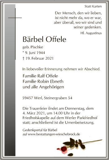 Traueranzeige von Bärbel Offele von WA