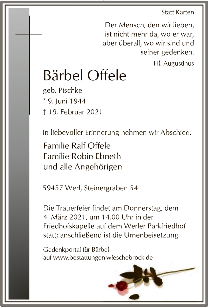  Traueranzeige für Bärbel Offele vom 27.02.2021 aus WA