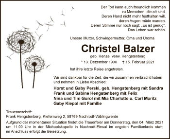 Traueranzeige von Christel Balzer von WA