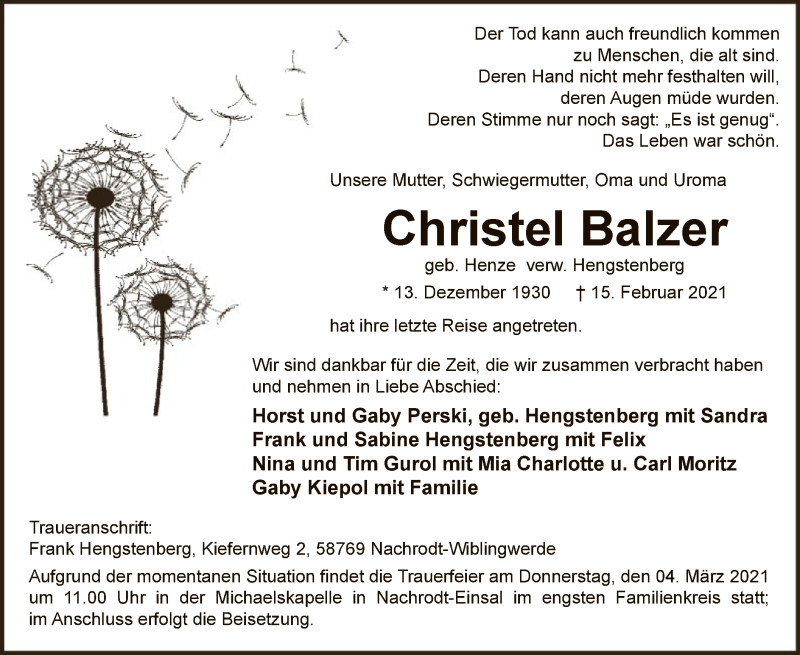  Traueranzeige für Christel Balzer vom 27.02.2021 aus WA