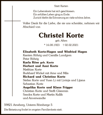 Traueranzeige von Christel Korte von WA