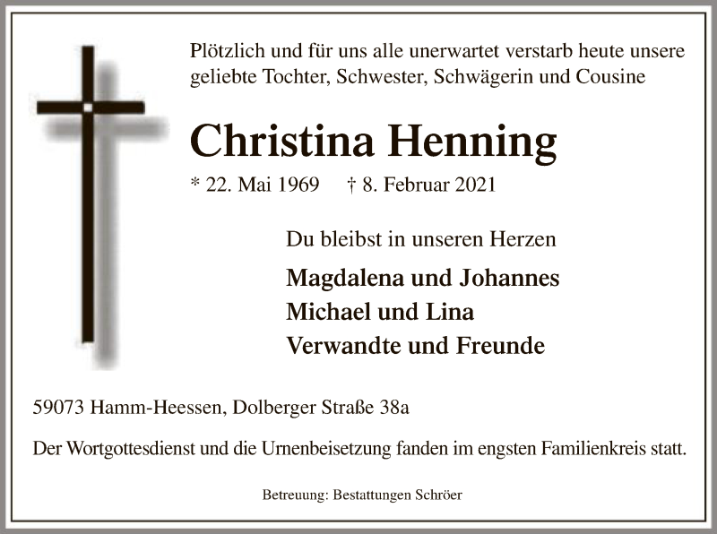  Traueranzeige für Christina Henning vom 27.02.2021 aus WA
