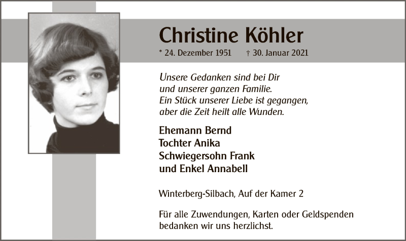  Traueranzeige für Christine Köhler vom 13.02.2021 aus WA