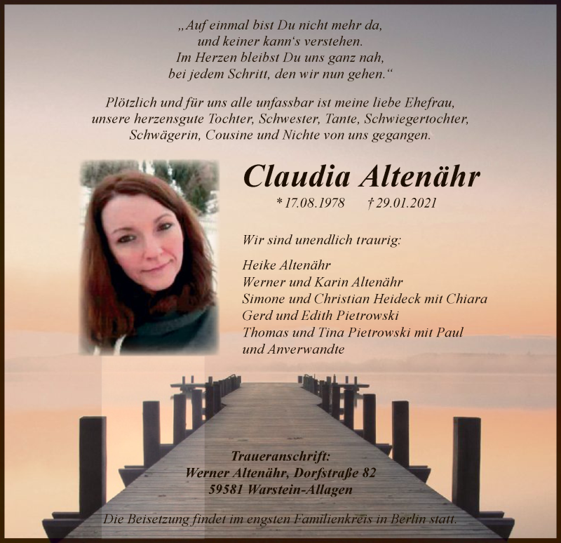  Traueranzeige für Claudia Altenähr vom 05.02.2021 aus WA