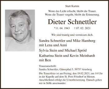 Traueranzeige von Dieter Schnettler von WA