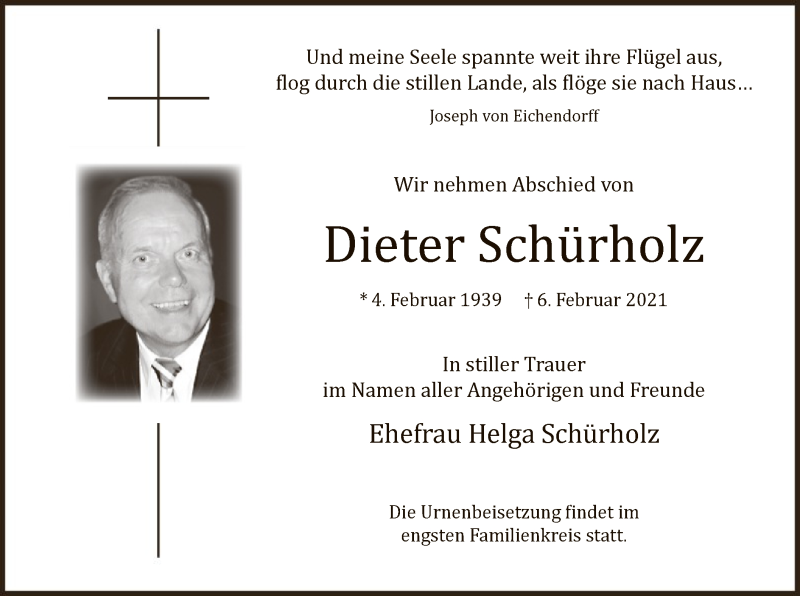  Traueranzeige für Dieter Schürholz vom 20.02.2021 aus WA