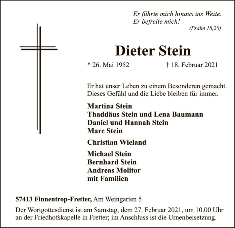  Traueranzeige für Dieter Stein vom 20.02.2021 aus WA