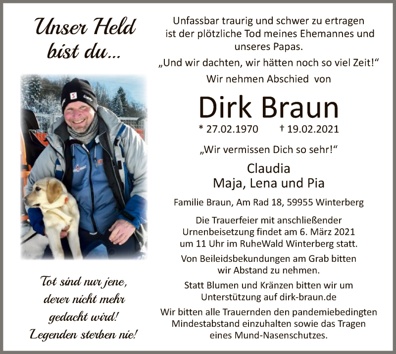  Traueranzeige für Dirk Braun vom 27.02.2021 aus WA