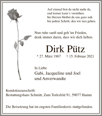 Traueranzeige von Dirk Pütz von WA
