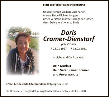Traueranzeige von Doris Cramer-Dienstorf von WA