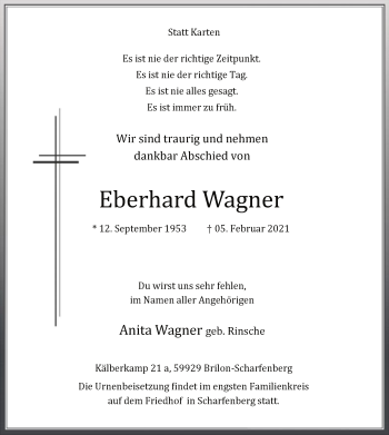 Traueranzeige von Eberhard Wagner von WA