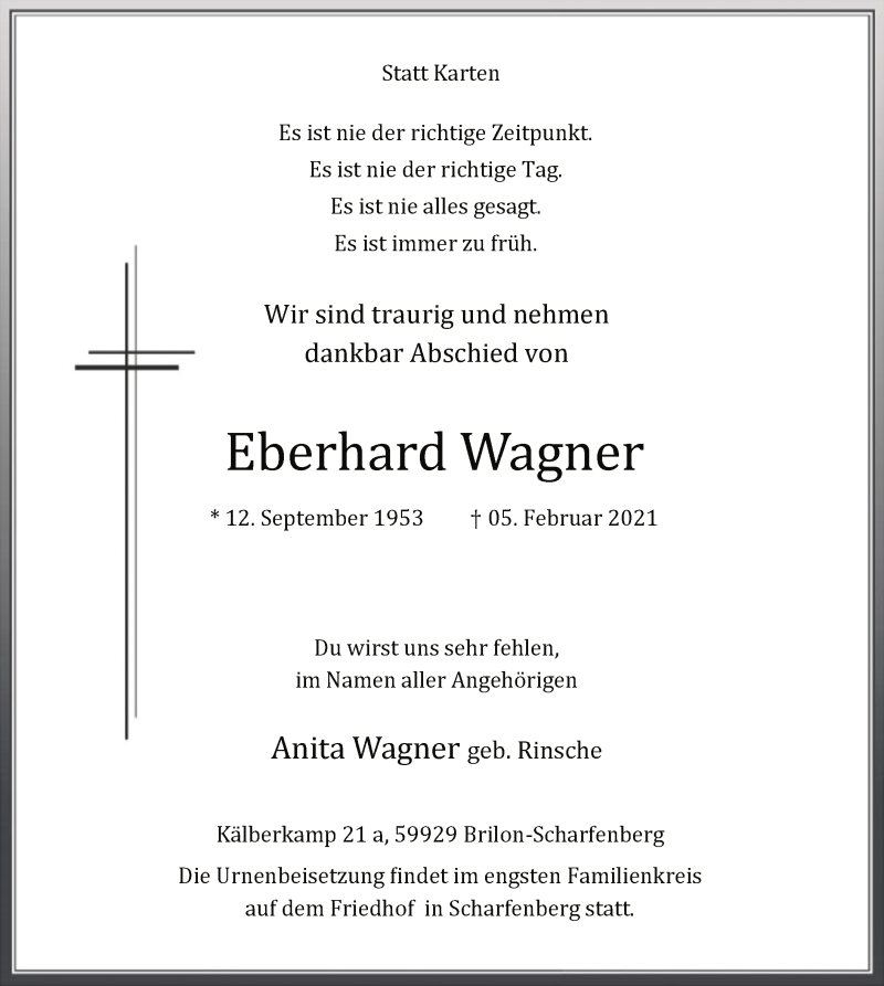  Traueranzeige für Eberhard Wagner vom 13.02.2021 aus WA