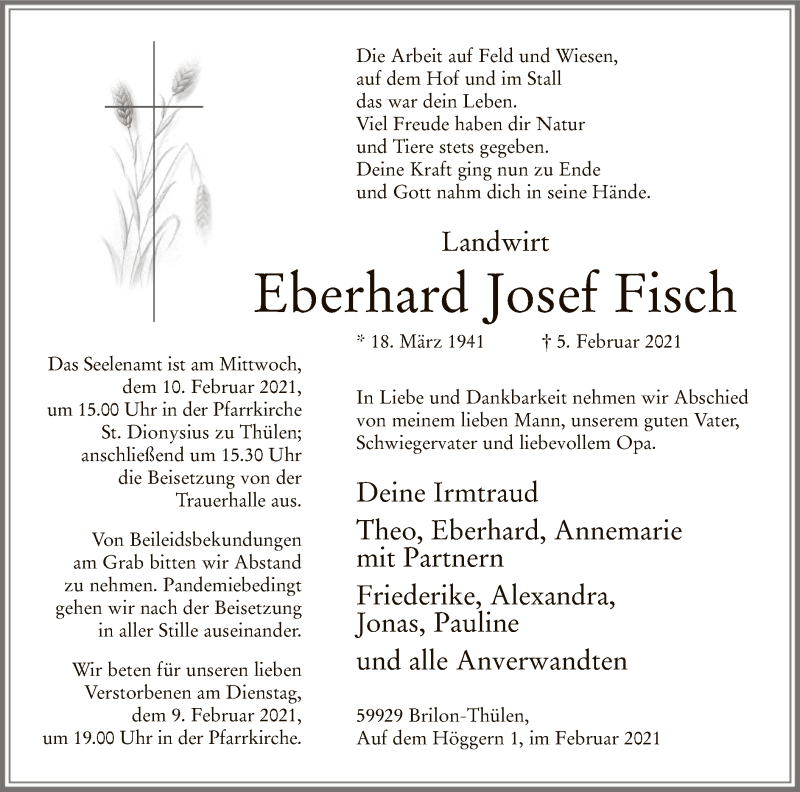  Traueranzeige für Eberhard Josef Fisch vom 06.02.2021 aus WA