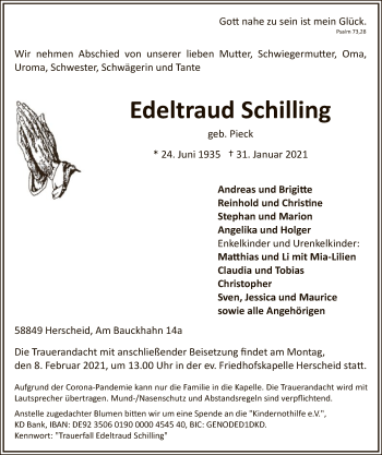 Traueranzeige von Edeltraud Schilling von WA