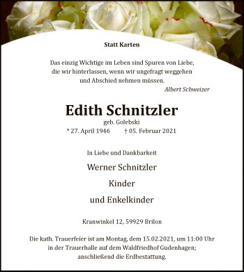 Traueranzeige von Edith Schnitzler von WA