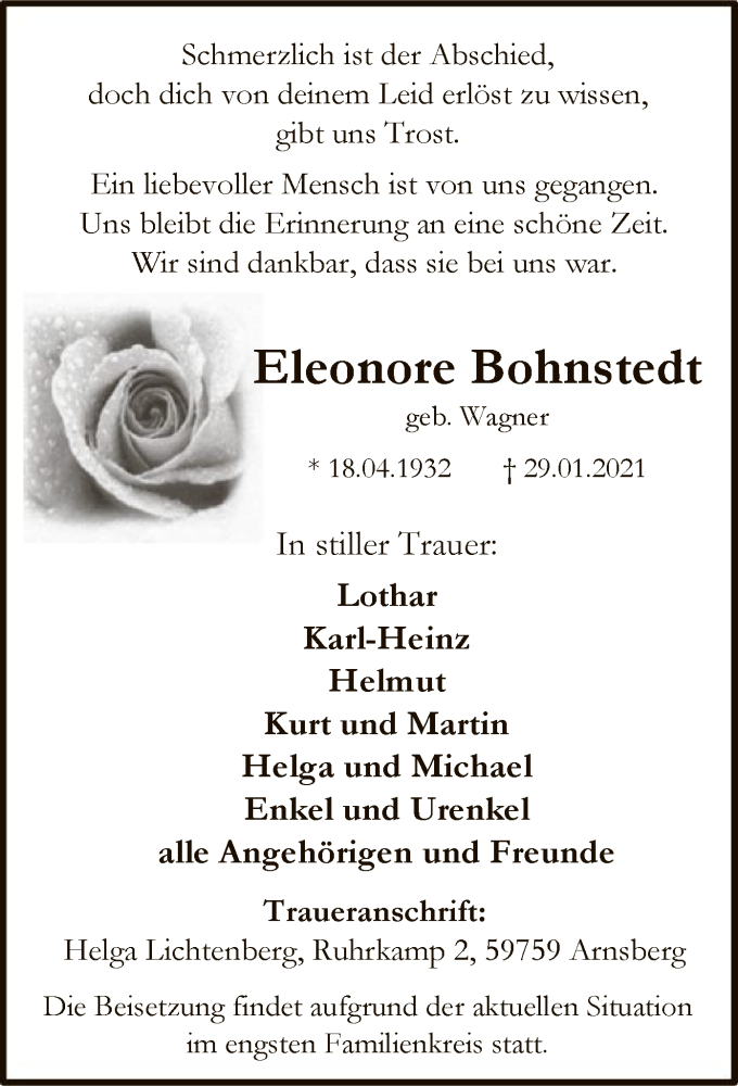  Traueranzeige für Eleonore Bohnstedt vom 06.02.2021 aus WA