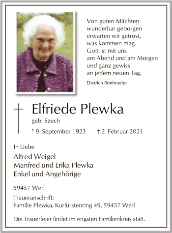 Traueranzeige von Elfriede Plewka von WA