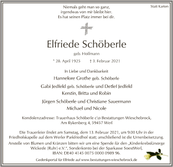 Traueranzeige von Elfriede Schöberle von WA