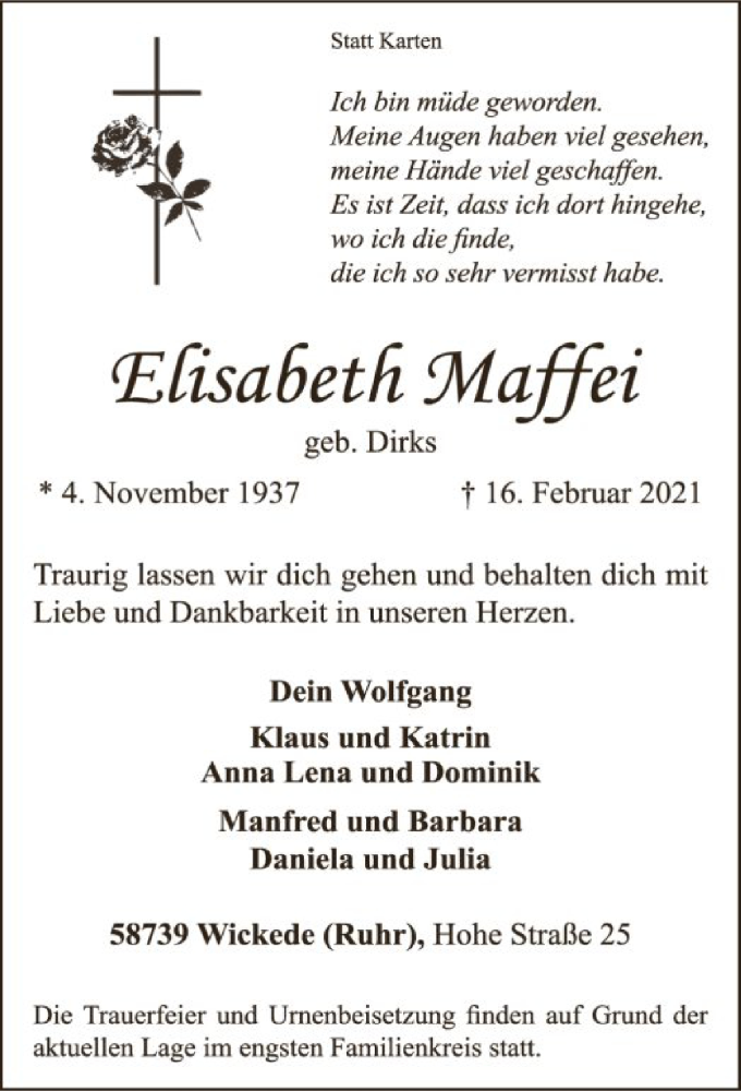  Traueranzeige für Elisabeth Maffei vom 20.02.2021 aus WA