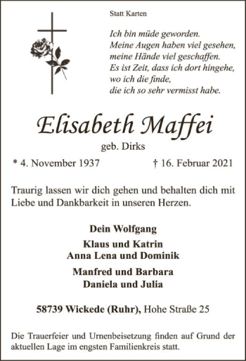 Traueranzeige von Elisabeth Maffei von WA
