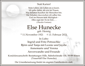 Traueranzeige von Else Hunecke von WA