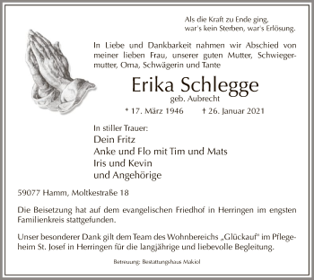 Traueranzeige von Erika Schlegge von WA