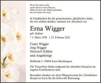 Traueranzeige von Erna Wigger von WA