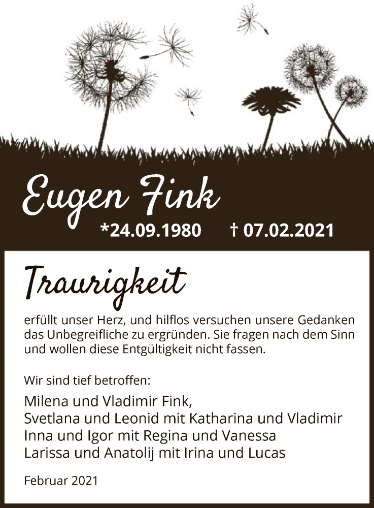  Traueranzeige für Eugen Fink vom 20.02.2021 aus WA