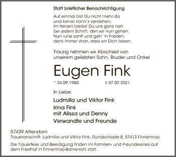 Traueranzeige von Eugen Fink von WA